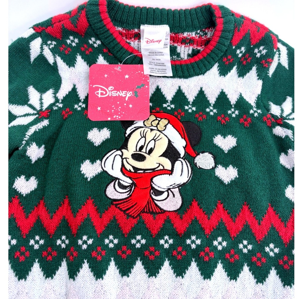 Disney Minnie Mouse Christmas Holiday Sweater Green Red Fair Isle 2T RYMY703